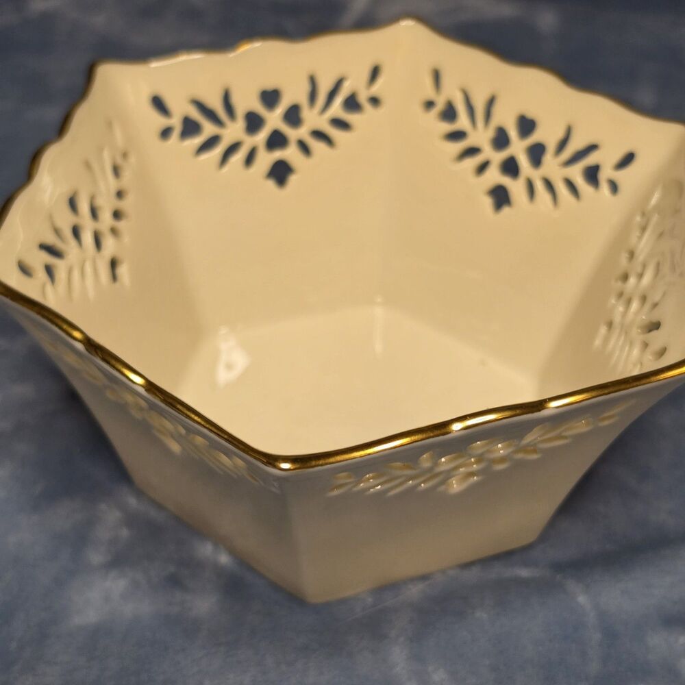 Lenox Shelburne Small Bowl Hexagon Ivory China Pierced 24K Gold Trim USA